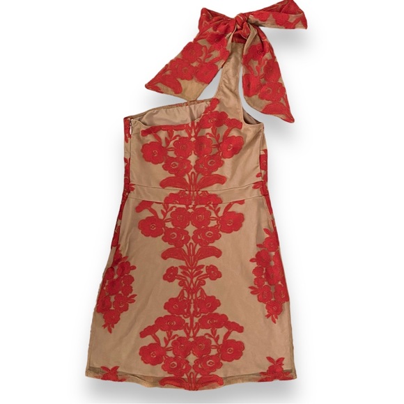 For love & Lemons Temecula Red Tan One Shoulder Mini Dress Embroidered Mesh XS - Picture 5 of 12